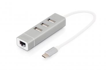 Type-C™ Konnektör ile USB 2.0 3-Port Hub & Fast Ethernet LAN Adaptörü 